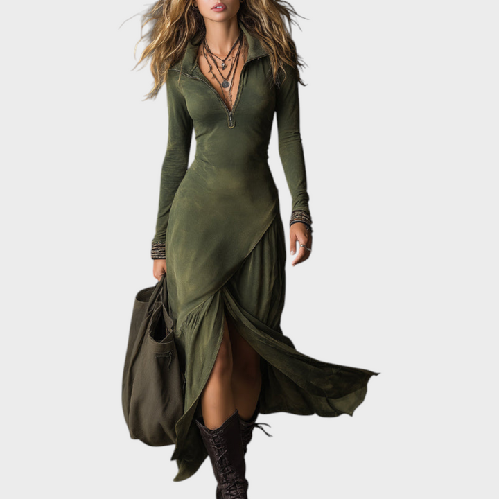 Tricia | Μίντι φόρεμα boho από πλυμένο βαμβάκι, με μισό φερμουάρ και σκίσιμο στο τελείωμα