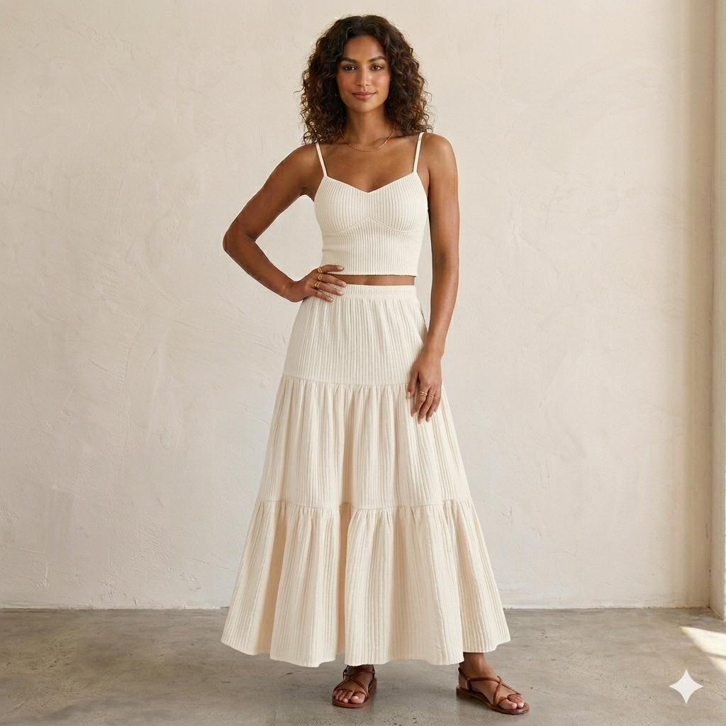 HALLIE – Δροσερό Σετ Crop Cami & Άλφα Γραμμή Φούστα