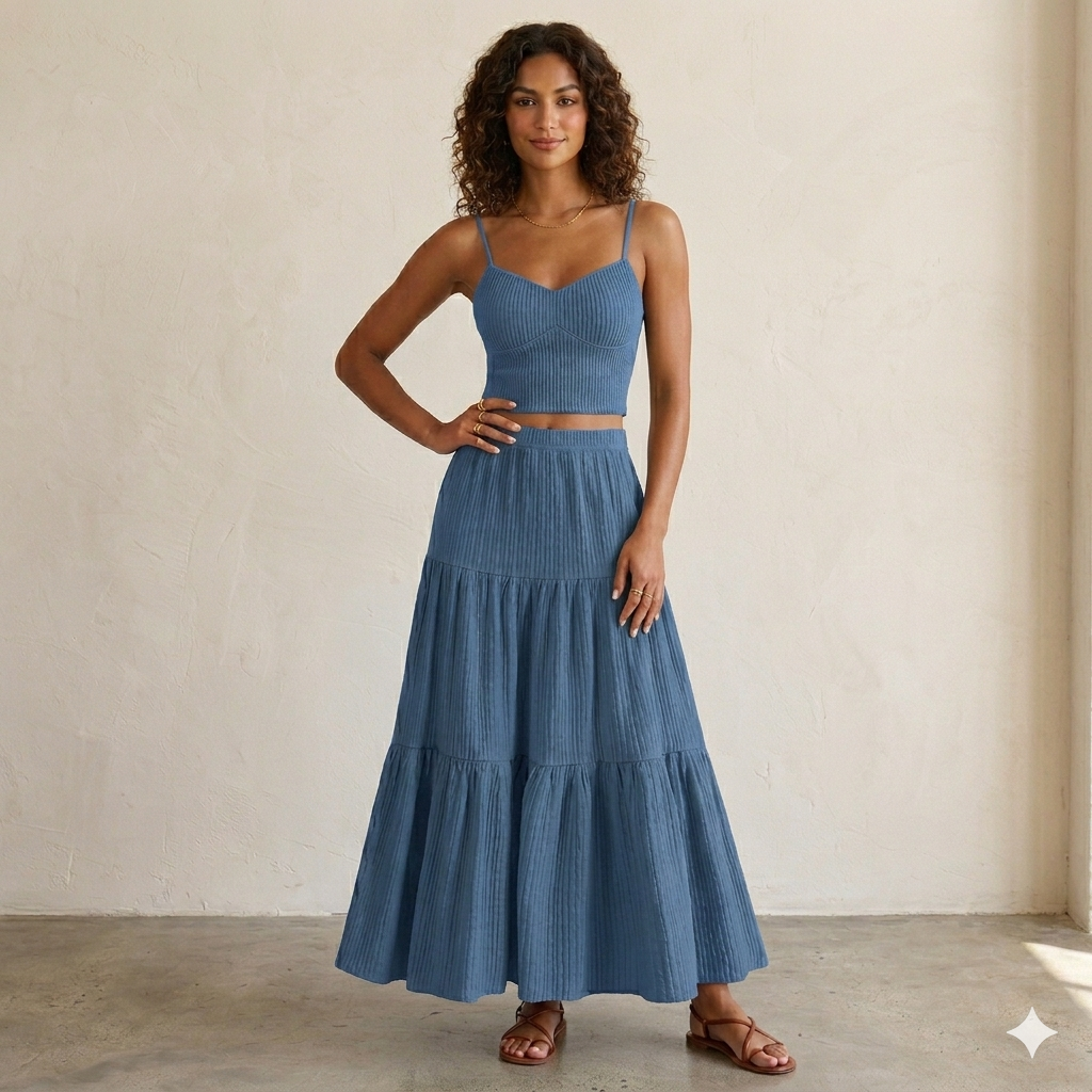 HALLIE – Δροσερό Σετ Crop Cami & Άλφα Γραμμή Φούστα