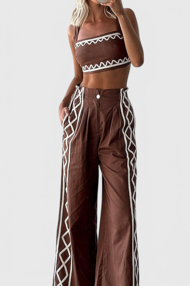 Mirella Σετ Crop Top και Φαρδύ Παντελόνι με Ζιγκ-Ζαγκ Μοτίβο