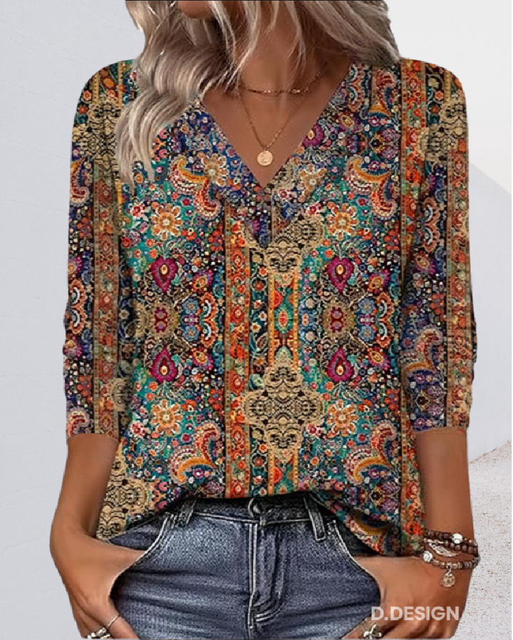 Tabbs | Ρετρό Εμπριμέ Μπλούζα με V Λαιμόκοψη (Retro Printed Blouse V-Neck)