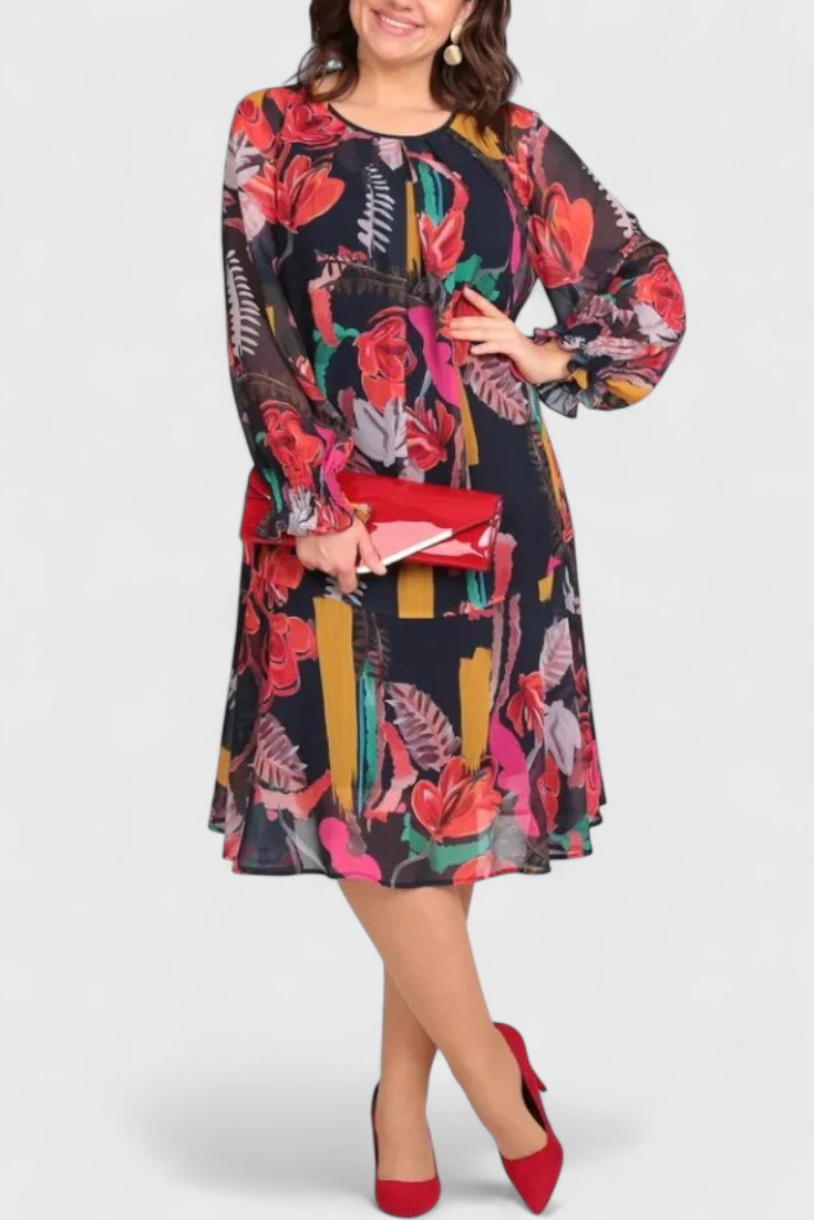 Annegret Φόρεμα Floral Midi με Μακριά Μανίκια και Ρευστή Γραμμή